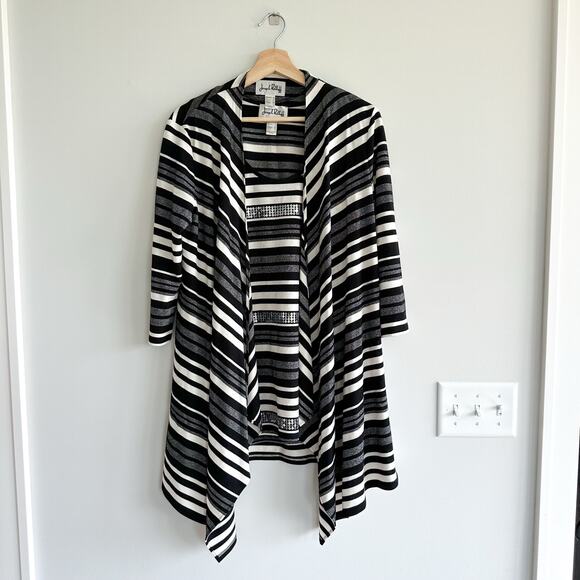 Joseph Ribkoff Asymmetrical Striped Sequin Two-Piece Top Cardigan Set - Picture 1 of 13